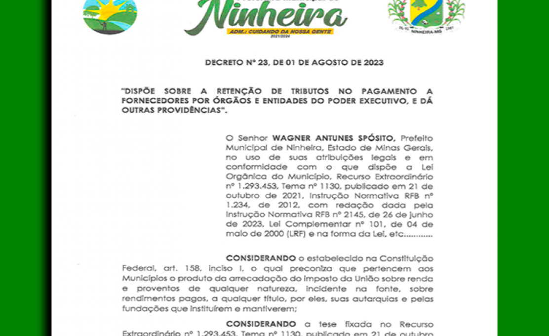 Como Forma De Manter A Transparência, Governo De Ninheira Publica Mais Um Decreto.