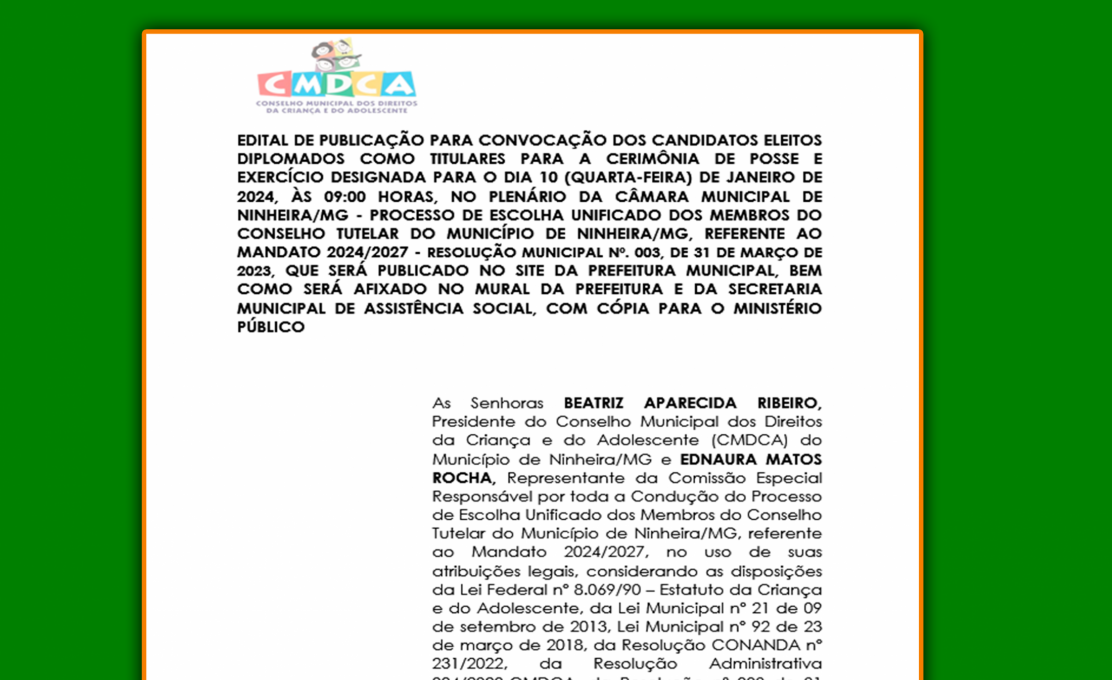 Convocação Para Cerimônia De Posse Do Conselho Tutelar De Ninheira