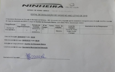 EDITAL DE DIVULGAÇÃO DE VAGAS DO ANO LETIVO 2019 - AUXILIAR DE EDUCACAO BASICA I 