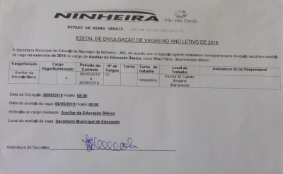 EDITAL DE DIVULGAÇÃO DE VAGAS DO ANO LETIVO 2019 - AUXILIAR DE EDUCACAO BASICA III