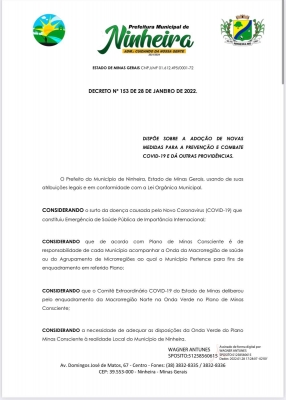 Prefeitura baixa novo decreta sobre adoção de novas medidas de prevenção à Covid-19.