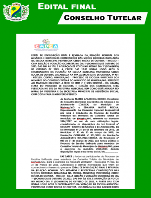 Prefeitura divulga editais finais e revisada da relação nominal dos mesários para eleição do Conselho Tutelar.