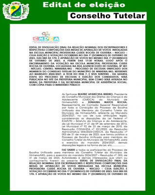 Prefeitura faz divulgação do edital final sobre as eleições do Conselho Tutelar.