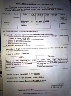 EDITAL DE DIVULGAÇÃO DE VAGA DE SUBSTITUIÇÃO - TECNICO EM RADIOLOGIA 