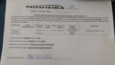 EDITAL DE DIVULGAÇÃO DE VAGA DO ANO LETIVO DE 2019 