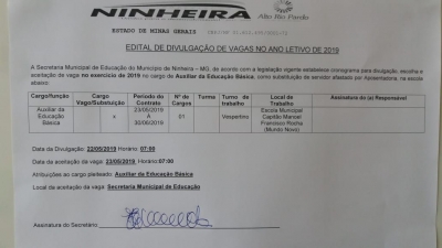 EDITAL DE DIVULGAÇÃO DE VAGAS DO ANO LETIVO 2019 - AUXILIAR DA EDUCAÇÃO BÁSICA 